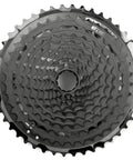 Close-up of TRS Plus 11-Speed Mountain Bike Cassette 9-46T Black, showing forged machined design and gear teeth.