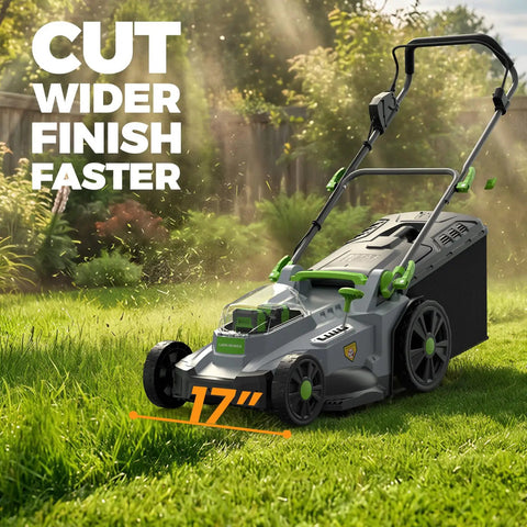 Cordless 40V 17 Inch Lawn Mower With Dual 4Ah Batteries, Brushless 1200W Motor, 6 Level Height Adjustment, 50L Grass Bag, 40 Minute Runtime For Yards Up To 500 Square Meters, Easy Push Start, Quiet Power, Big Yard Companion in grass