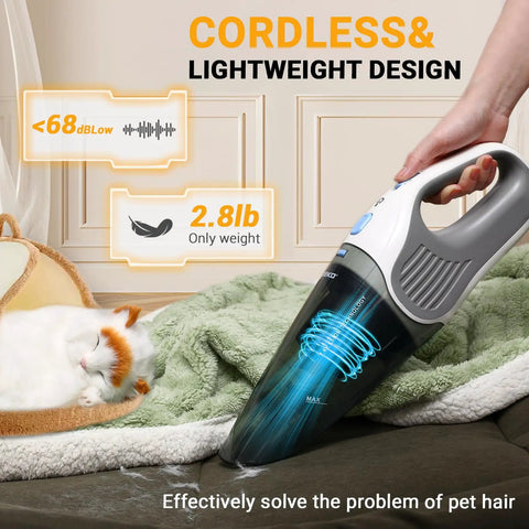 Cordless Handheld Vacuum Cleaner With 8000Pa Suction in use, lightweight 2.8lb design, removing pet hair from sofa near sleeping cat.