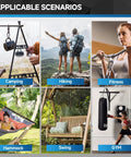 Four 4-inch spring snap hook carabiner clips; six-scene collage showing camping, hiking, fitness, hammock, swing, and gym.