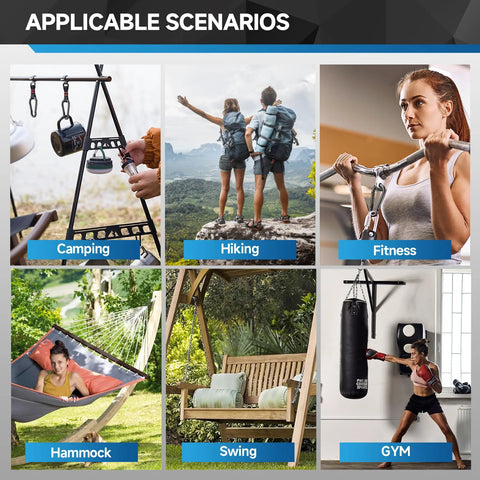 Four 4-inch spring snap hook carabiner clips; six-scene collage showing camping, hiking, fitness, hammock, swing, and gym.