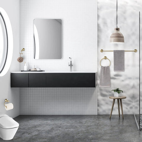 Brushed Gold 4 Piece Bathroom Hardware Set with 23.6 Inch Towel Bar, Towel Hook, Toilet Paper Holder in modern bathroom setting