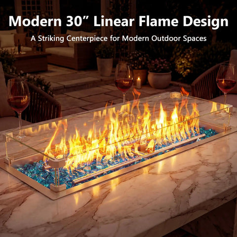 30 Inch By 10 Inch Drop In Fire Pit Kit With Premium Stainless Steel Trough And Tempered Glass Wind Guard Built In Outdoor Table Flame Feature For Patio Backyard And Entertaining