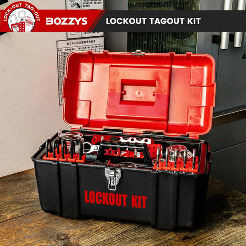 Open red double-decker toolbox showing 39 locks and hasps, part of Grab And Go Lockout Tagout Kit With 39 Pack OSHA Compliant Locks And Red Double Decker Toolbox For Industrial Electrical Breakers And Valves To Keep Startups From Accidents, used in industrial safety.