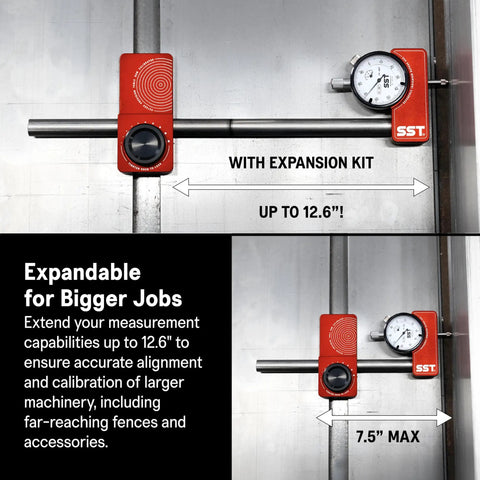 Pro Grade Saw Gauge Calibrator For Precision Blade, Fence, And Jig Alignment With A Half Inch Dial Indicator Built Tough From 6061 Aluminum And Hard Anodized For Lasting Durability In The Shop, expandable to 12.6 in