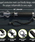 Stainless Steel Fish Lip Grip With Ergonomic Handle And Spring Loaded Mechanism, shown with adjustable lanyard and features