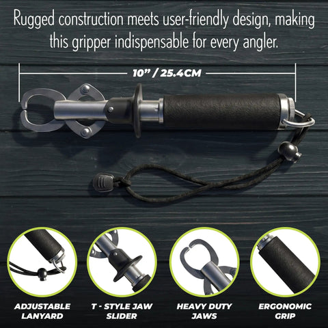 Stainless Steel Fish Lip Grip With Ergonomic Handle And Spring Loaded Mechanism, shown with adjustable lanyard and features