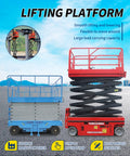 Heavy Duty Hydraulic Scissor Lift Cart With Adjustable Height Work Platform For Industrial Hubs And Pro Crews showing blue and red models side by side.