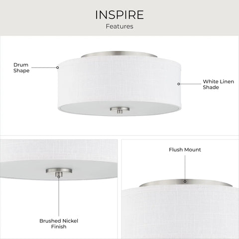 Two Light Flush Mount Ceiling Light With Summer Linen Shade In Brushed Nickel Finish For Kitchen Hallway And Interior Living Spaces Great For Baths, Bedrooms, And Entryways With A Clean, Modern Vibe