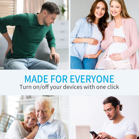 Collage showing diverse people with text promoting universal use of Wireless Remote Control Outlet For Home Appliances.