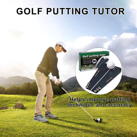 Man using Putting Trainer With Mirror Practice Aid To Align Eyes And Putter Face, Groove And Path For Accurate Starts.