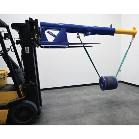 Heavy Duty Orbital Telescoping Boom Lift 4000 Pound Capacity with fork and material suspended in warehouse setting.