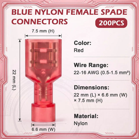 200 Pcs Red Nylon Female Spade Connectors For Quick Electrical Disconnects With Tinned Brass Core And Self-Stripping Crimp Insulated Terminals Totally Made To Fit 22 To 16 Awg Wiring Runs Securely, red nylon connector