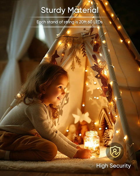 Child enjoying a cozy tent lit with 4 Pack 20 Ft 60 Led Fairy Lights Battery Operated With Remote Waterproof 8 Modes Firefly
