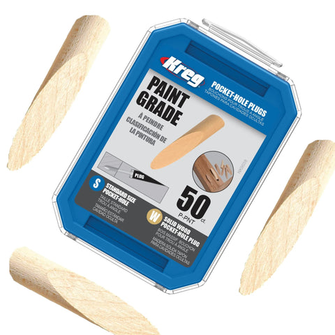 Box of Paint Grade Pocket Hole Plugs For Concealing Exposed Holes In Woodworking Projects, Trim Sand And Stain Ready Wood Plugs.