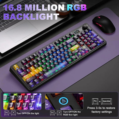 Locked In Wireless Gaming Keyboard With Smart Tft Display And Rotating Volume Knobs Precise Fingertip Tweaks For Epic Desktop Setup And Late Night Grinding Purple Lychee Mechanical Switches featuring 16.8 million RGB backlight.