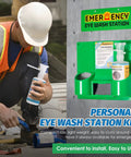 Portable Eyewash Station Kit With Two 16 Ounce Bottles Wall Mount Emergency Eyewash Kit With Mirror And Sign on wall next to worker