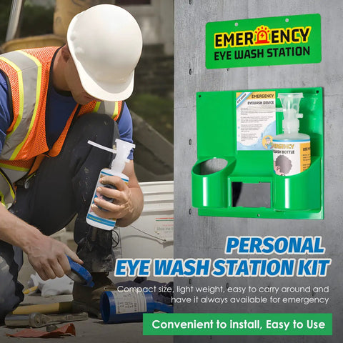 Portable Eyewash Station Kit With Two 16 Ounce Bottles Wall Mount Emergency Eyewash Kit With Mirror And Sign on wall next to worker
