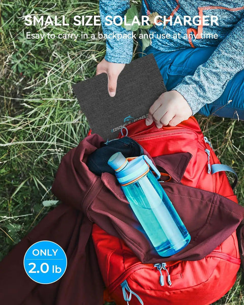 Person placing 30W Portable Solar Panel Charger With All In One Foldable Tri Fold Design USB C And USB A ETFE in red backpack.