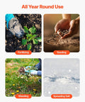 Image showing year-round uses: fertilizing, seeding, weeding, and spreading salt, related to Tow Behind Lawn Spreader With Aeration Spikes For A Beefy Lawn Boost 32 Inch Wide Broadcast Spreader With 72 Aeration Tines 15 Settings 100 Lb Capacity Universal Hitch 10 Inch ATV UTV Tires.
