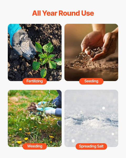 Image showing year-round uses: fertilizing, seeding, weeding, and spreading salt, related to Tow Behind Lawn Spreader With Aeration Spikes For A Beefy Lawn Boost 32 Inch Wide Broadcast Spreader With 72 Aeration Tines 15 Settings 100 Lb Capacity Universal Hitch 10 Inch ATV UTV Tires.