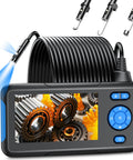 Endoscope Camera With Light For Tight Spots, 4.3 Inch HD IPS Display showing gears, with 16.4 ft cable and lens attachments displayed
