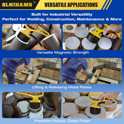 Magnetic Pickup Tool With Quick Release lifting metal sheets, heavy duty magnet with ergonomic handle in industrial settings.