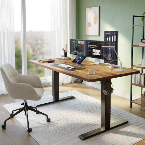 Rustic Brown 55 By 24 Inch Electric Standing Desk With Smooth Height Adjustment For Sit Stand Use Memory Presets For One Touch Height Boss Level Home Office And Creative Setup in a modern room with chair and monitors.