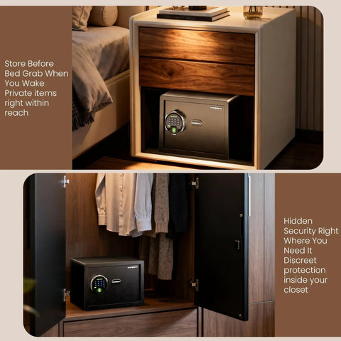 20 Lb Smart Biometric Safe With Fingerprint Lock For Quick No Fuss Access And Real Security inside a nightstand and closet