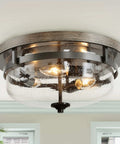 Farmhouse Flush Mount Ceiling Light With Faux Wood Finish And Seeded Glass Shade Vintage Candle Style Fixture For Living Room Or Hallway Round Profile 13.5 Inch Wide By 6.5 Inch High, close-up view