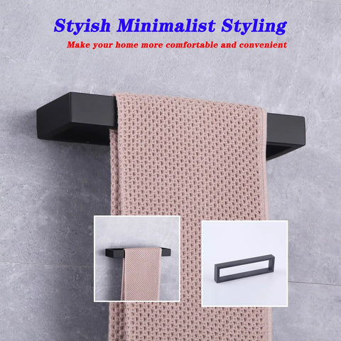 Matte Black SUS304 Stainless Steel Towel Holder Wall Mount, Modern Square Design, Rustproof Finish, HG1706-BK installed in bathroom