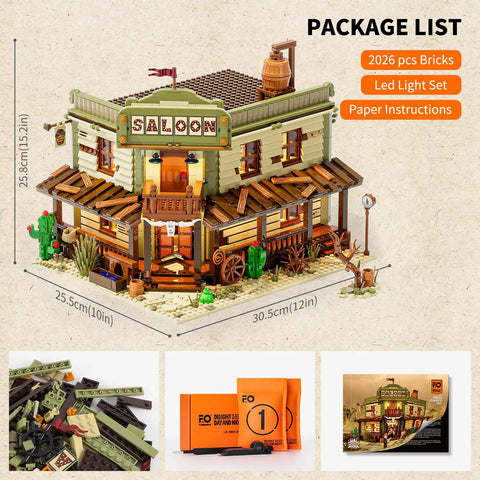 Old West Saloon LED Light Building Block Set With 2026 Pieces For Adults And Teens Western Themed Construction Model Kit To Build The Classic Bar Scene And Light It Up, package contents and dimensions