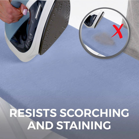 Heavy Duty Ironing Board Cover With Extra Thick Padding And Heat Reflective Silicone Coating Built Tough To Cut Your Chores Down And Keep Clothes Pristine Size 15 By 54 Inches Blue being used with iron to resist scorching.