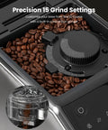 Top Shelf Automatic Espresso Machine With Built In Grinder And Rapid Milk Frother One Button Control Brew showing precision 15 grind settings with coffee beans.