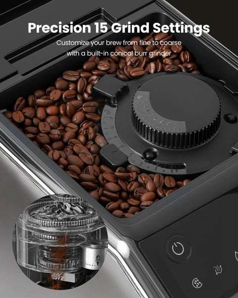 Top Shelf Automatic Espresso Machine With Built In Grinder And Rapid Milk Frother One Button Control Brew showing precision 15 grind settings with coffee beans.