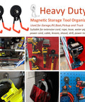 Heavy Duty Magnetic Garage Hooks Two Pack Rubber Coated Magnets For Power Drills Garden Tools Hoses Pegboard And Workshop Organization Indoor Outdoor Storage In Bright Orange shown in various installed settings