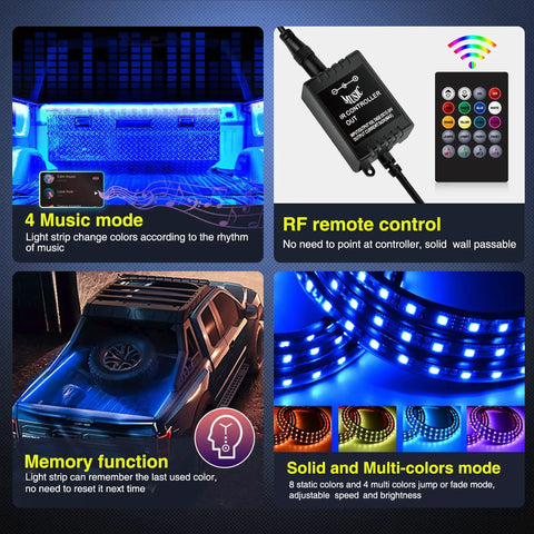 Three Piece 60 Inch RGB Truck Bed Light Kit With 270 LED Neon Accent Lighting And RF Remote On Off Switch Plus Splitter Extension Cable for enhanced lighting features