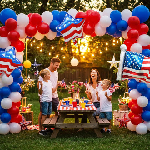 Family celebrating under Red White Blue Balloon Garland Kit 131PCS Patriotic Party Supplies For Fourth Of July Independence Day DIY Arch USA Flag Star Balloons With Balloon Tools And Accessories