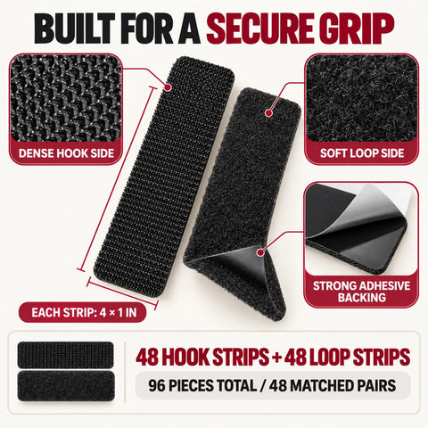 Heavy Duty Hook And Loop Fasteners Double Sided Adhesive Tape Peel And Stick Wall Storage No Drill Needed Holds Like A Champ For Pictures Keys Cables And Gear 48 Pair Roll, showing hook and loop strips, 4x1 in size, with strong adhesive backing.