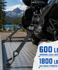 Tough As Nails Retractable Ratchet Straps 4 Pack Heavy Duty tie down cords securing a motorcycle on a trailer.