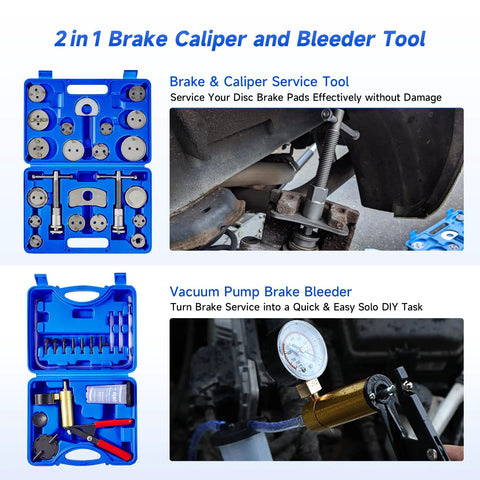 Orion Motor Tech 2-in-1 brake caliper and bleeder kit in blue case with 18 adapters; includes handheld vacuum pump bleeder.