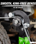 Pro Grade Stainless Steel Tube Bending Pliers For Brake Lines used on automotive tubing, focus on green handles and measurement gauge