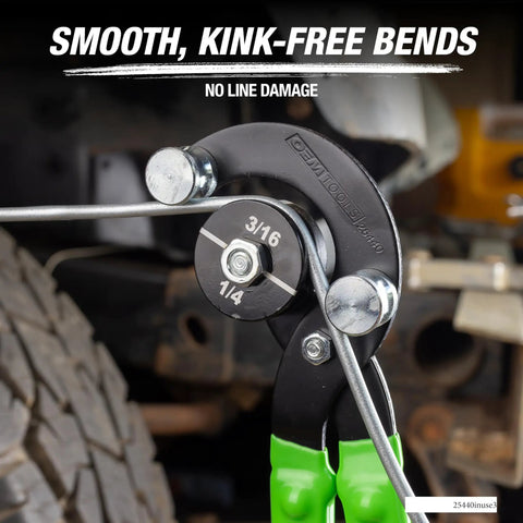 Pro Grade Stainless Steel Tube Bending Pliers For Brake Lines used on automotive tubing, focus on green handles and measurement gauge
