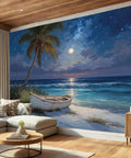 Beach Night Sky Oil Painting Photo Wallpaper With Ocean Rowing Theme Large Wall Mural For TV Backdrop and Chill Bedroom Decor