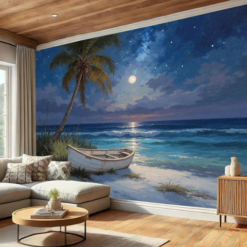 Beach Night Sky Oil Painting Photo Wallpaper With Ocean Rowing Theme Large Wall Mural For TV Backdrop and Chill Bedroom Decor