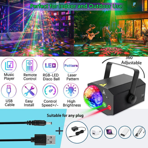 Disco Ball Stage Lights With Remote Control 2 In 1 Strobe Laser RGB Color Effect for outdoor party with guitar and lights.