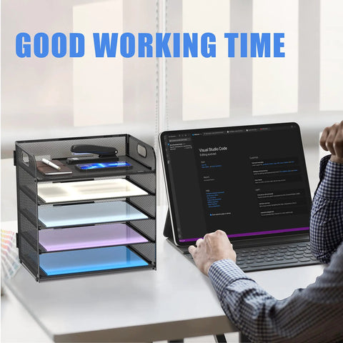 5 Tray Letter Paper Organizer With Handle Mesh Desk File Sorter beside a laptop on a desk in office setting.
