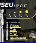 Carbide Spiral Router Bits Up Cut Set 1 Quarter Inch Diameter 1 Inch Cutting Length 2 And A Half Inch Overall Length 5 Pack For Wood Aluminum MDF Oak DIYers And Pros Milling showcasing size chart and materials.