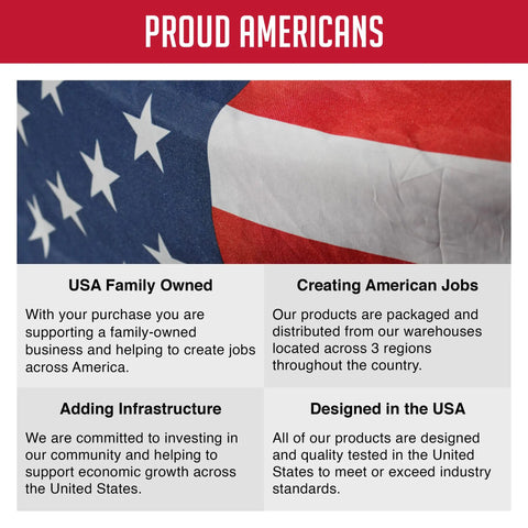 Proud Americans graphic highlighting USA Family Owned, Creating American Jobs, Adding Infrastructure, Designed in the USA.