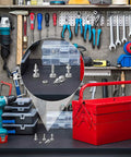 32 Pcs Handle Quick Release Lock Pins And Retractable Spring Plungers M6 Lockout Kit For Rolling Tool Boxes Rock Solid Pro Grade Stainless Steel Rust Resistant Easy Install For Home Garage Shop Organization, stainless steel pins with red tool box